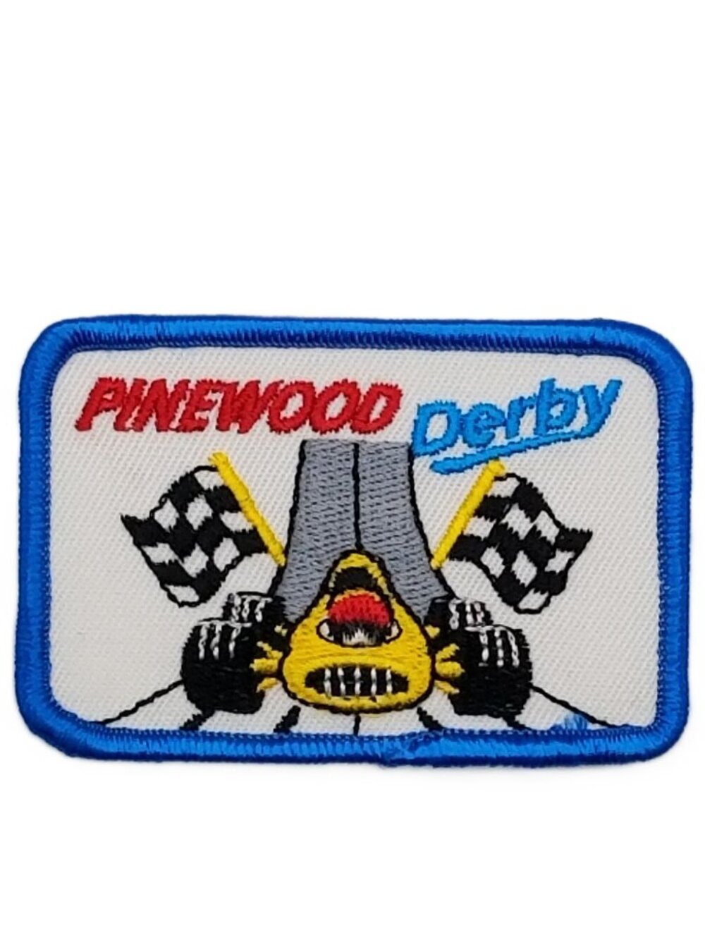 Vintage Cub Scout Pinewood Derby Patch BSA White Blue Race Car NOS
